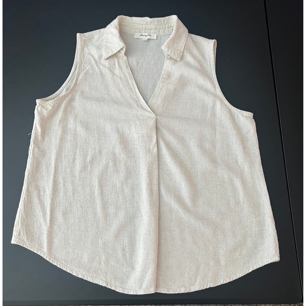 Monday Fun Beige Linen Blend Sleeveless V-Neck Collared Blouse Top L (1130)